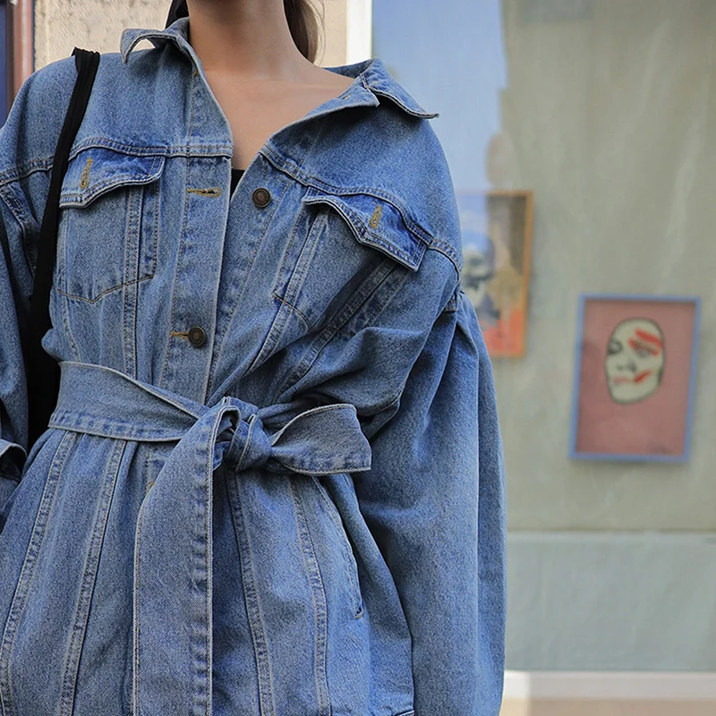 

Mid-length Vintage Washed Blue Waist Lace-up Denim Jacket 2021 Autumn Women Loose Lapel Single-breasted Jaqueta Jeans Feminina