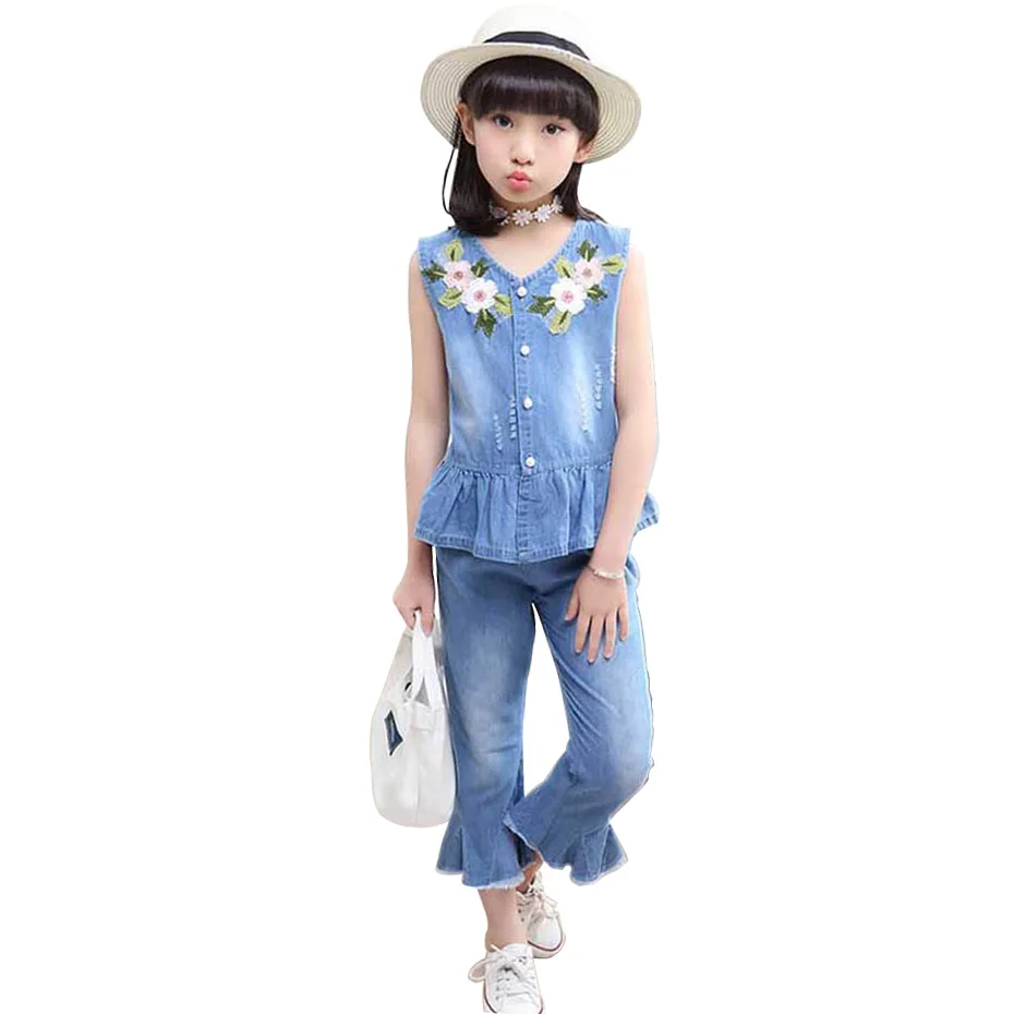 Детская одежда джинсовый кардиган и расклешенные джинсы 2 шт. для девочек