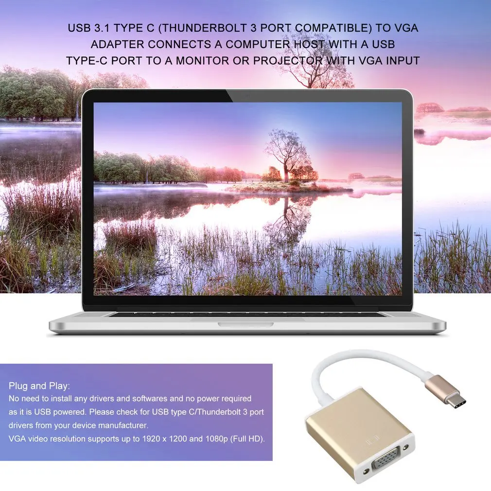 Тип C USB3.1 к VGA адаптер USB-C разъем Золотой цифровой концентратор с Алюминиевый