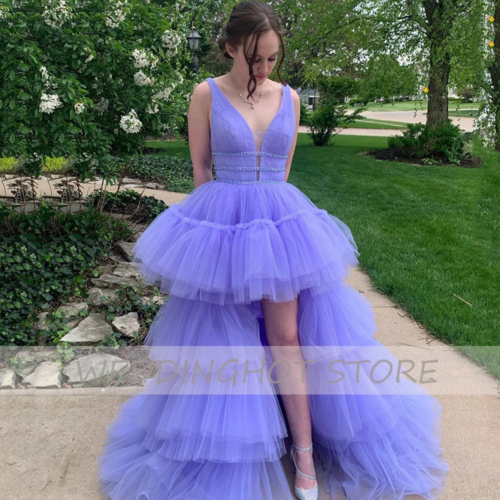

Hi-Low Tulle Evening Dresses Long 2021 Lavender A-Line Sexy Deep V-Neck Beading Prom Gowns Fashion Eleglant Vestidos de fiesta