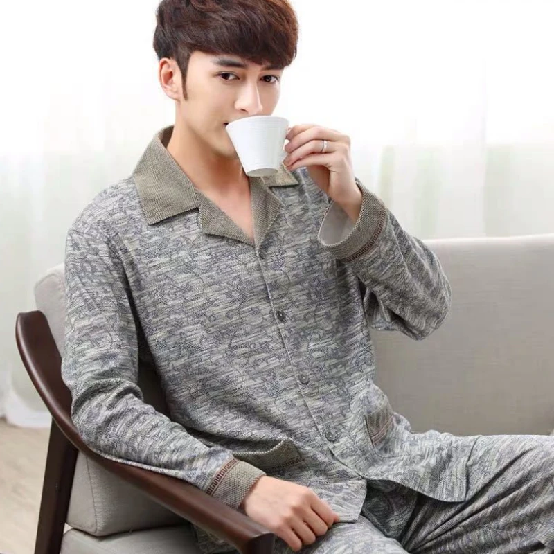 Пижама Мужская с длинным рукавом пижама из чистого хлопка комплект для сна