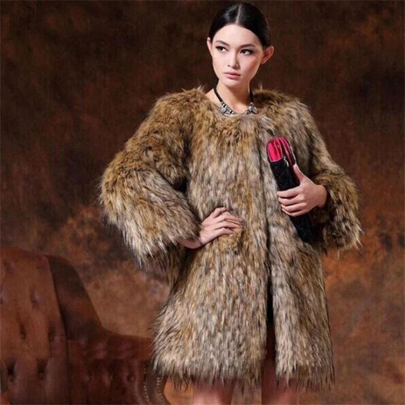 New style fox fur coat womens ladies mid-length imitation raccoon round neck nine-quarter sleeves slim fit autumn winter brown