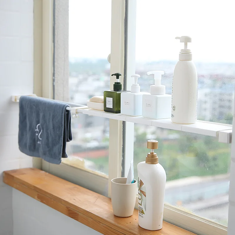 

Retractable Closet Organizer Shelf Windowsill Storage Shelf Adjustable Kitchen Cabinet Storage Holder Waterproof Bathroom Rack