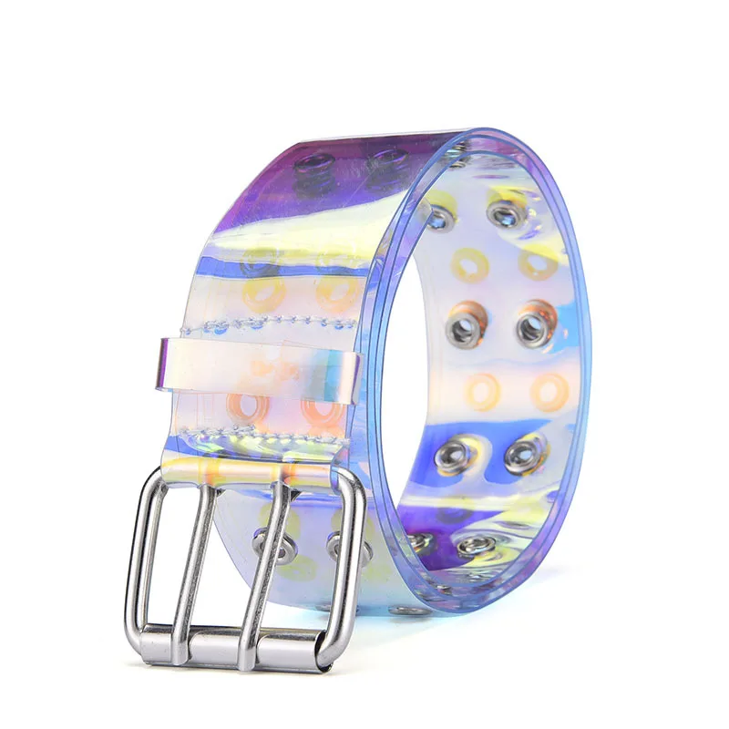 

2021 Transparent Two Row Pvc Belt Women Fashion Laser Invisible Square Pin Buckle Multihole Dazzling Belts Ladies Waistband