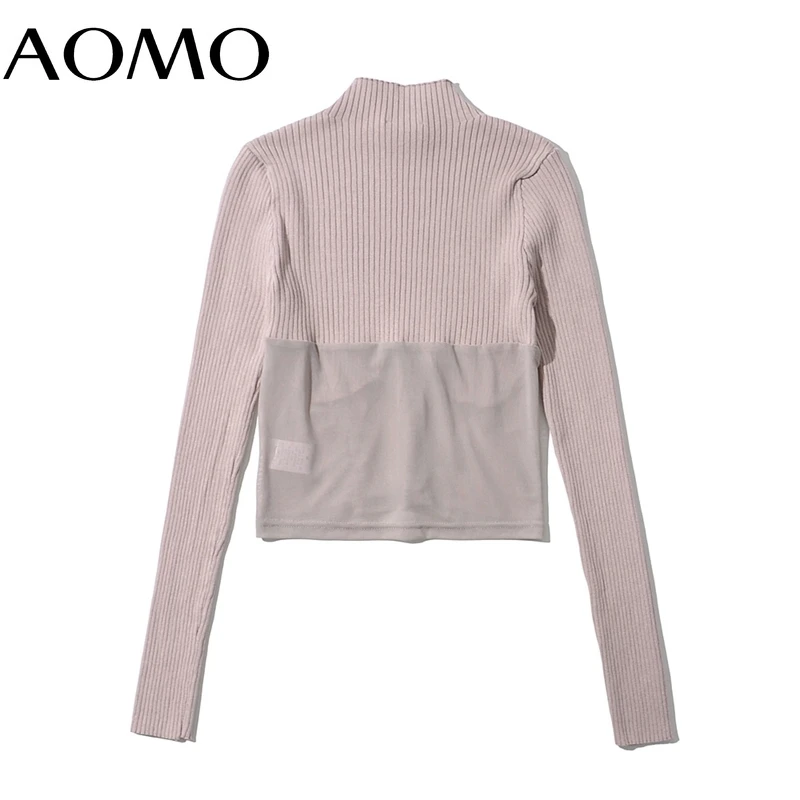 

AOMO Women Mesh Patchwork Crop Knitted Sweater Jumper Female Pullovers Chic Tops 2LK17A
