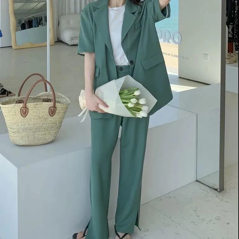 

Корейский шикарный женский костюм, модный офисный костюм из двух предметов, Свободный укороченный пиджак на одной пуговице с лацканами и дл...