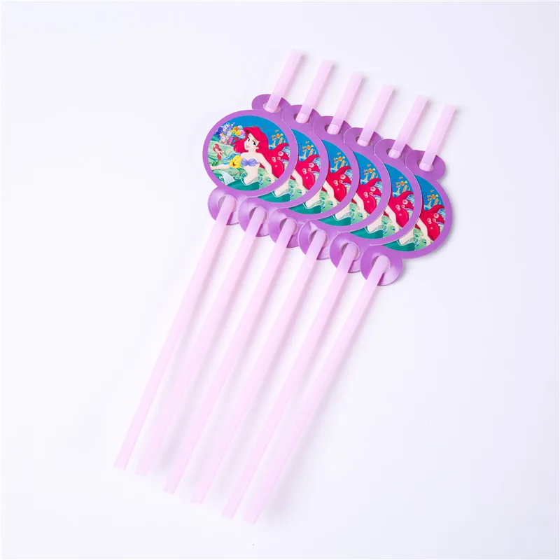 straw 6pcs 90pcs Cute happy birthday Mermaid Ariel girls baby shower party decoration banner table cloth straws cup plates supplier - Цвет: straw 6pcs