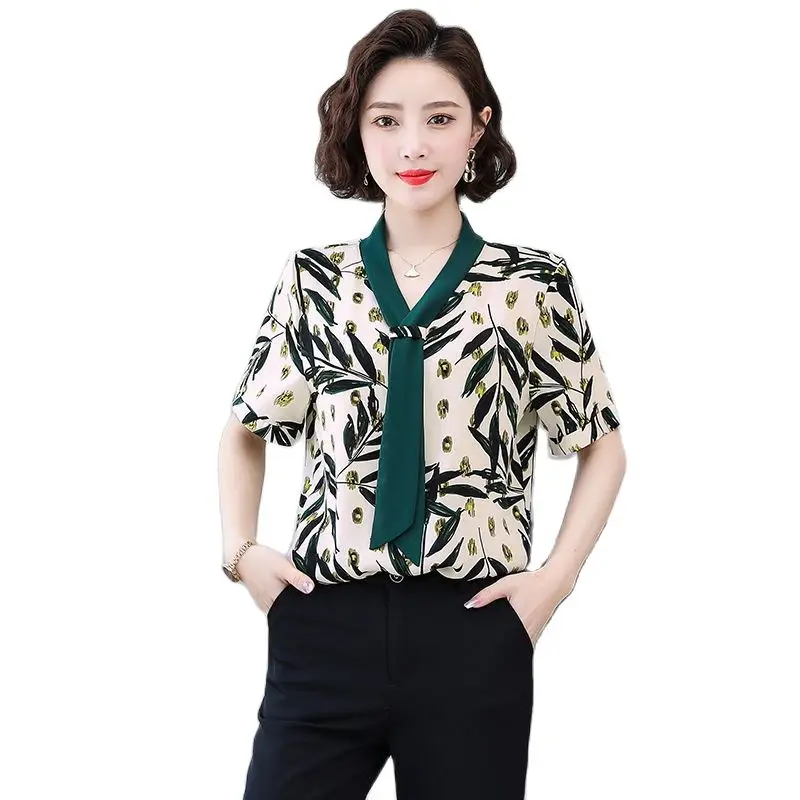 

Women Spring Summer Style Chiffon Blouses Shirts Lady Casual Short Sleeve Bow Tie Collar Chiffon Blusas Tops DD9173