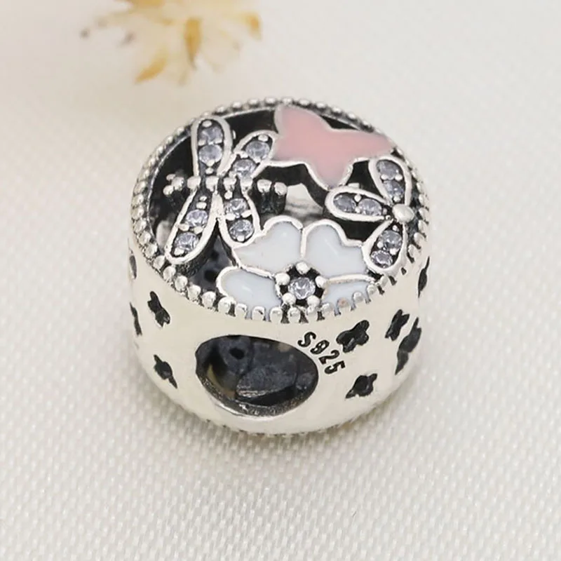

100% 925 Sterling Silver Pink Enamel With Crystal Butterfly Flower Beads Fit Pandora Women Bracelet & Necklace Diy Jewelry