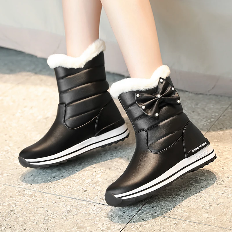 MoneRffi Новинка Модные женские зимние ботинки зимняя обувь из флока модная с бантом