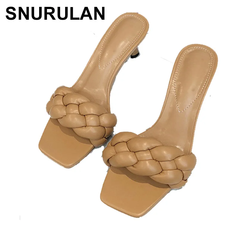 

SNURULAN Size 35-42 New Design Weave Women Slipper Thin High Heel Sandal Open Toe Slip On Summer Outdoor Slides Flip Flop Shoe