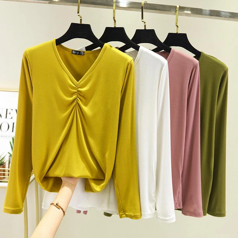 modal long sleeve solid V-neck t-shirt women high stretch slim tops 2020 spring autumn Loose Basic Bottoming tshirt Plus size | Женская