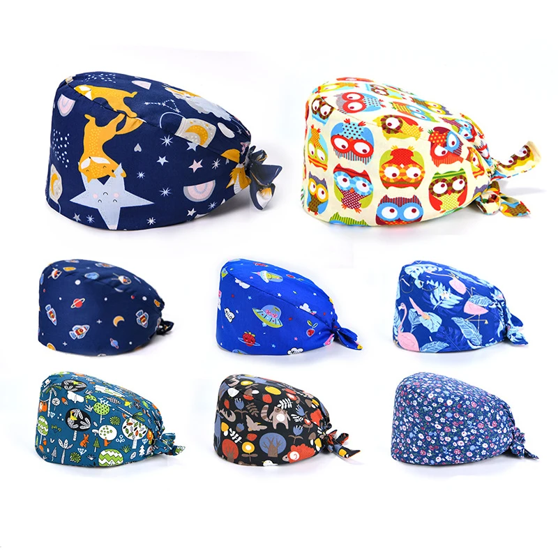 

1PC New Scrub Nurse Hat gorros quirurgicos Floral Bouffant Sanitary Cap with Sweatband Cartoon Printing Nursing Caps Scrub Cap
