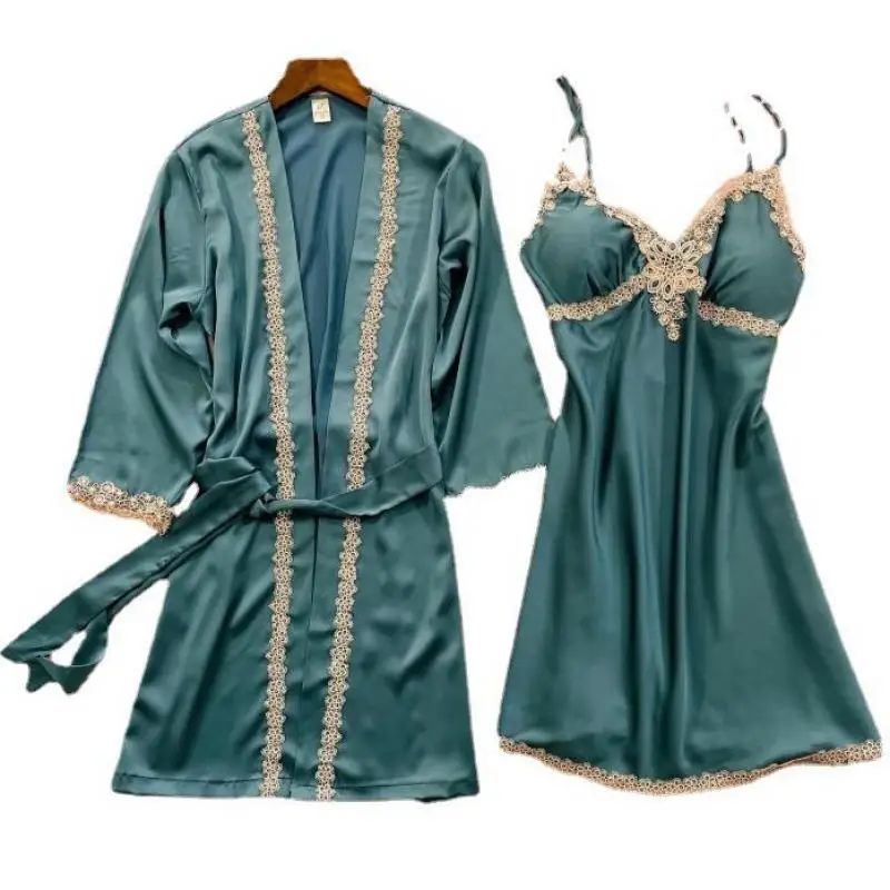 

LACE Bridal Wedding Robe Set Women Satin Nightwear Casual Sleepwear Home Clothing Sexy Kimono Bathrobe Gown Intimate Lingerie