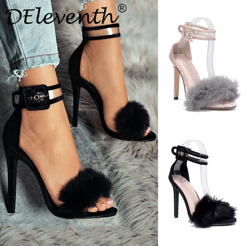 Женские вечерние туфли на кроличьем меху босоножки высоком каблуке большой