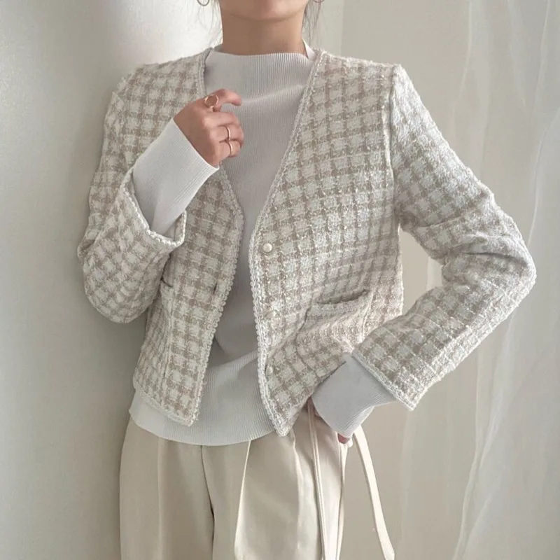 

Small Fragrance Tweed Short Coats Women 2021 Autumn Winter Korean Casual Woolen Jacket Coat Ladies Vintage Slim Outwear Crop Top