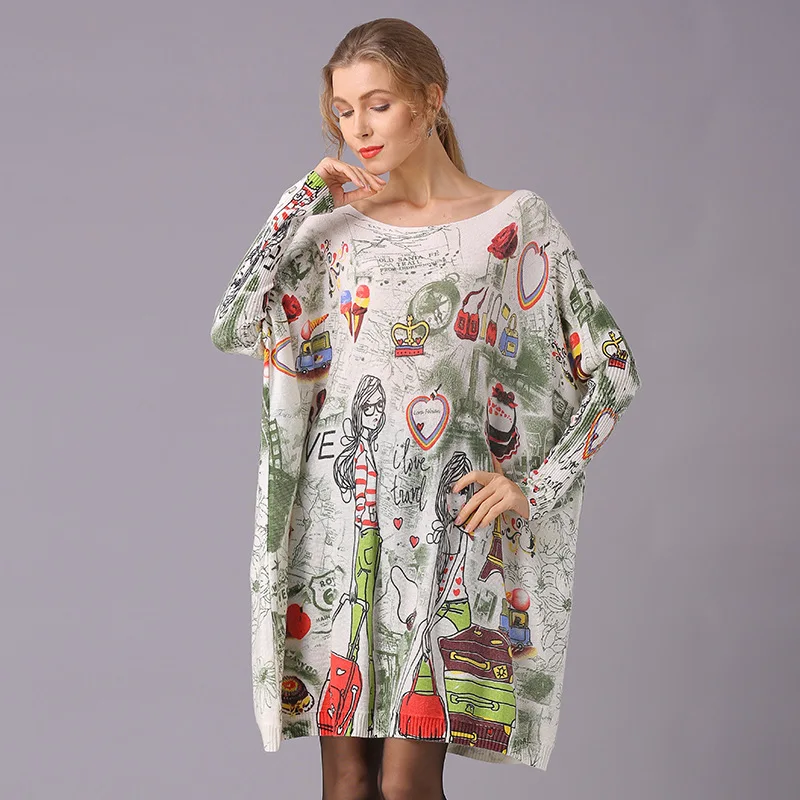 

Autumn Loose Plus Size Sweater Women Tops Mid-length Printed Batwing Sleeve Oversized Sweater Sueter Mujer TA6178