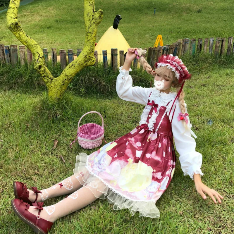 Платье в стиле Лолиты; милое платье в японском стиле Kawaii; платье принцессы для девочек в винтажном готическом стиле; кружевная розовая летняя юбка с принтом