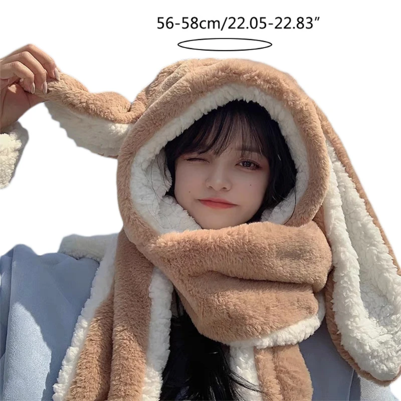 Rabbit Ears Plush Hoodies Warm Windproof Neck Scarf and Gloves Sweet Set Women