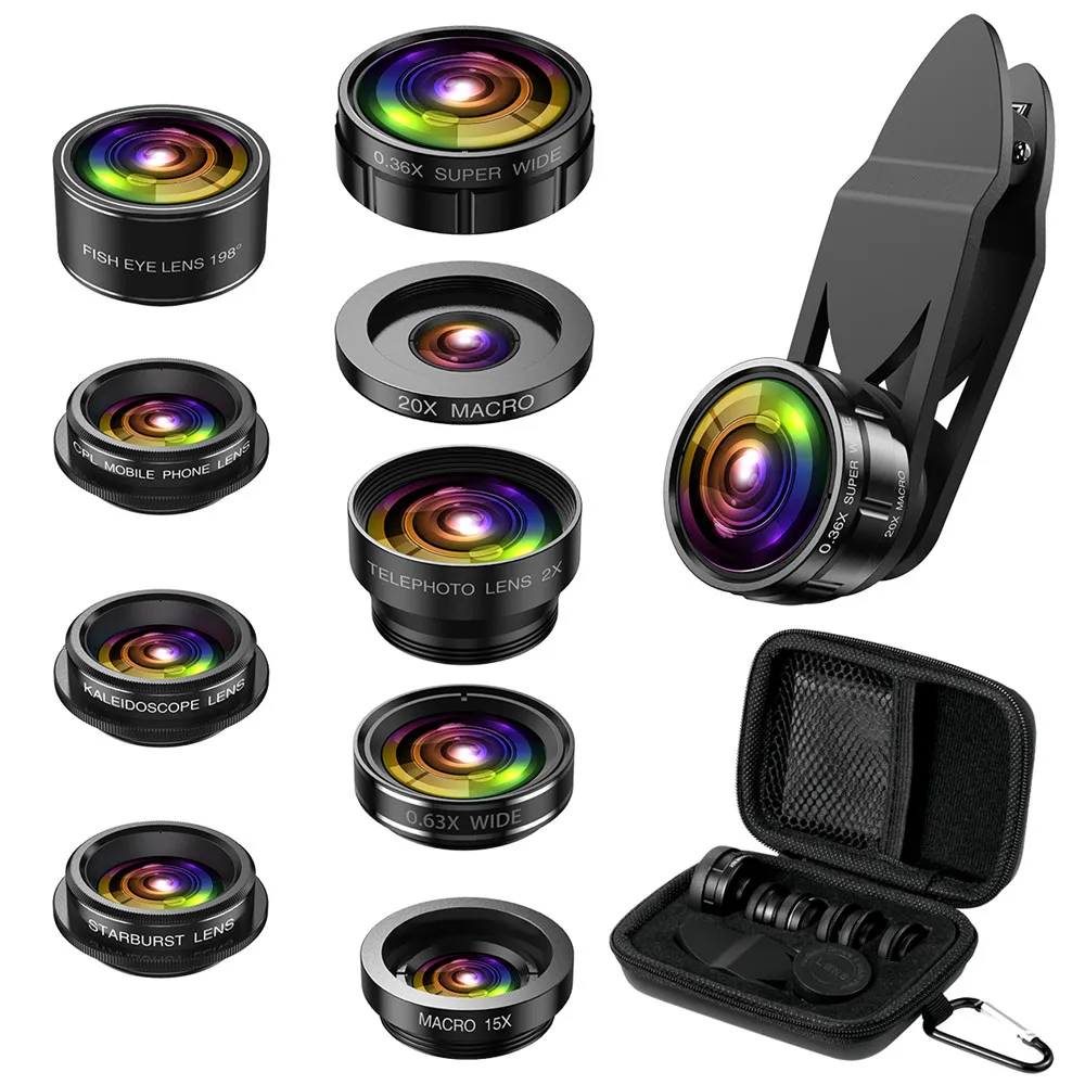 

Комплект объективов для камеры 9 в 1, линзы для телефона 0,36x 0,63x, суперширокие линзы 15X 20X, макрообъектив 2X, телеобъектив «рыбий глаз»