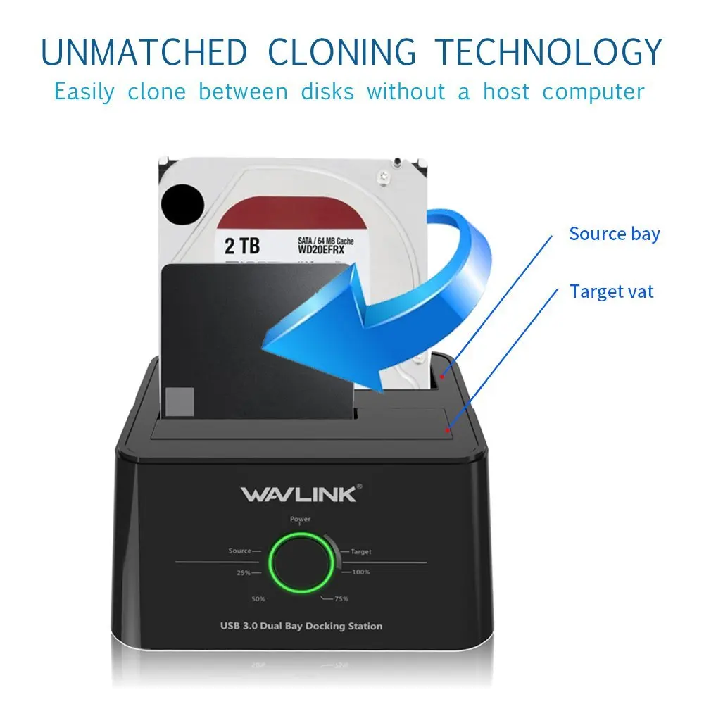 Wavlink Dual Bay SATA to USB3.0 External Hard Drive Docking Station for 2.5/3.5inch HDD/SSD Offline Clone/Backup/UASP Functions |