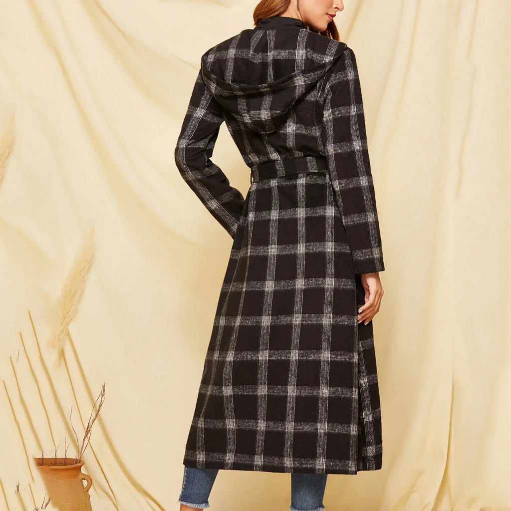 Fashion Winter Coat Women Ladies Sashes Plaid Long Cardigan Camouflage Long Sleeve Coat Outerwear Wool Coat пальто женское Z4