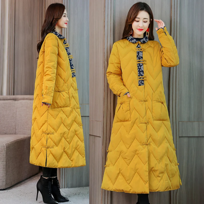 Женское длинное пальто в китайском стиле зеленое черное желтое пэчворк теплая