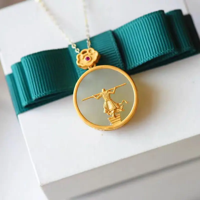 

Natural Hetian Jade Return Necklace Pendant S925 Sterling Silver Inlaid Style Silver Simple Gilding Craft