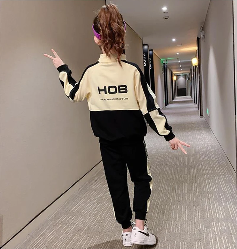 

Black And White Kids Girls Sports Tracksuit 2021 New Spring Casual Clothes For Girl Long Sleeve Hoodies + Pants Letter Printed