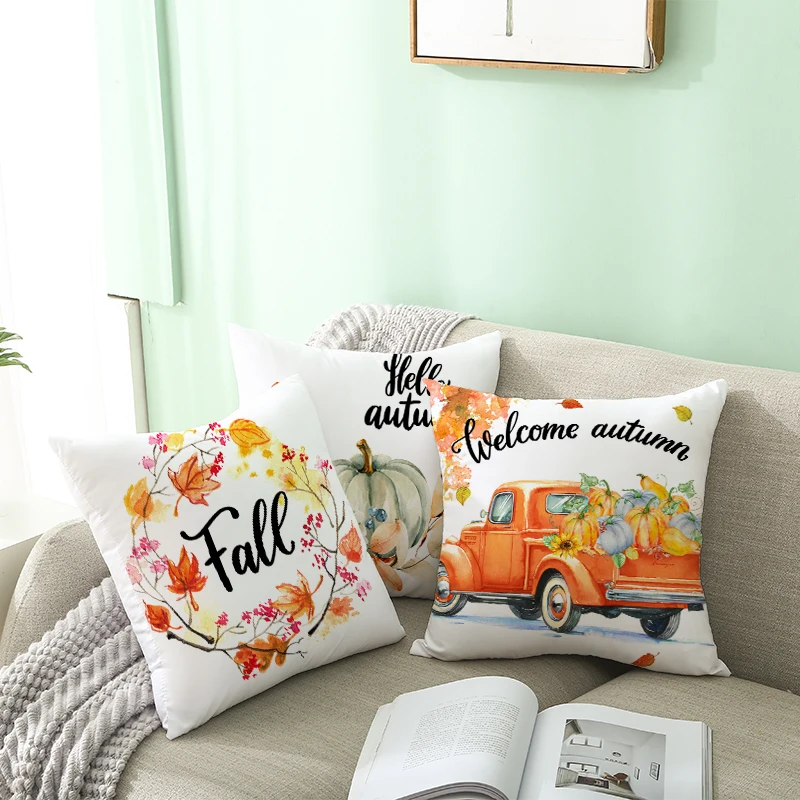 Обложки подушек с осенней тыквой 18x18 дюймов для декора фермерского стиля на День Благодарения - подушки с клетчатым принтом "Счастливы".
