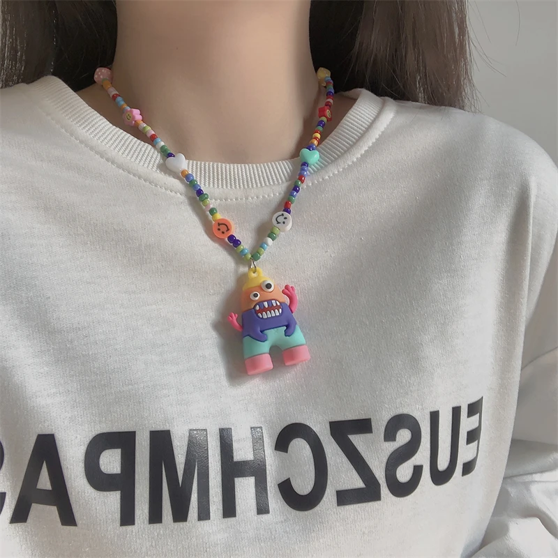 

2022 Kpop Harajuku Colour Bead Rainbow Cartoon Pendant Necklace for Women Girls Party Y2K Neck Accessories Aesthetic Jewelry