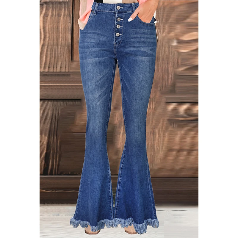 

2020 Plus Size High waist Frayed Hem Flared Denim Jeans Pantalones Vaqueros Mujer Femme Pantalon Solid Color Woman Pants 2XL
