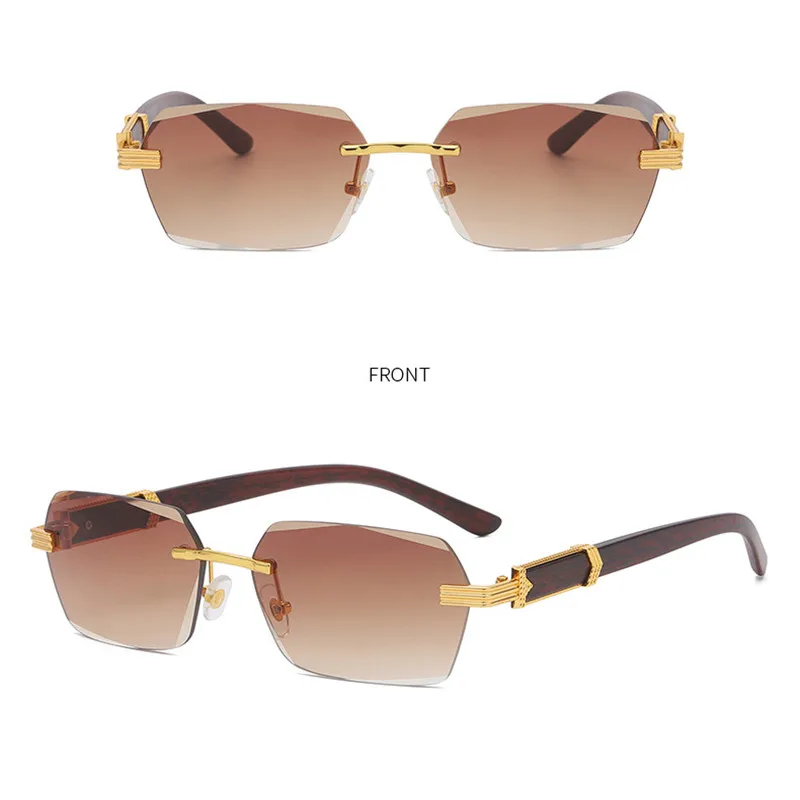 

2022 Rimless Side Cut Square Sunglasses Women Fashion Luxury Pink Glasses Imitation Wood Lentes De Sol Mujer UV400 Shades