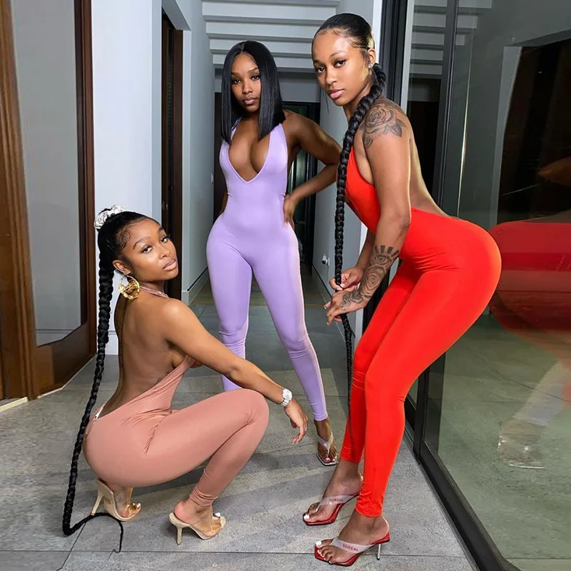 

Letter Print Deep V Neck Halter Backless Sexy Jumpsuits for Women 2021 Summer Sport Bodycon Rompers Clubwear