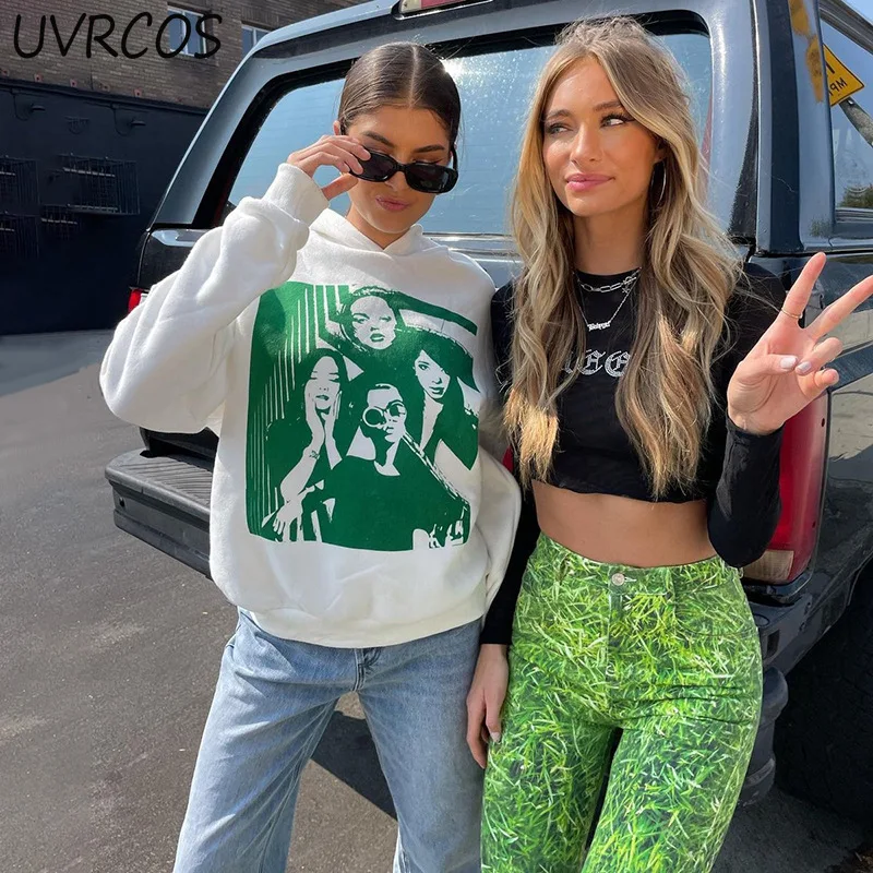 

Women Casual Unisex Couple Hoodies Sweatshirt Autumn Printed Long Sleeve Round Neck Hooded Loose Medium Length Sweater Tops Y2K