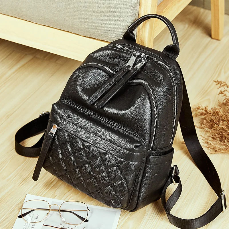 

Fashion simple plaid ladies backpack top layer leather shoulder bag female new leather female bag leather bag travel bags