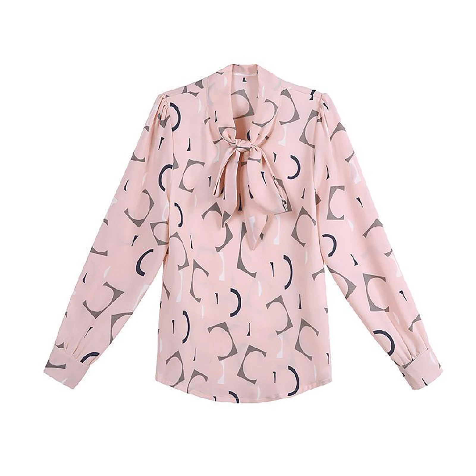 

Women Digital Print Long Sleeve Blouse Top Buttons Cuff Necktie Bowknot Pullover