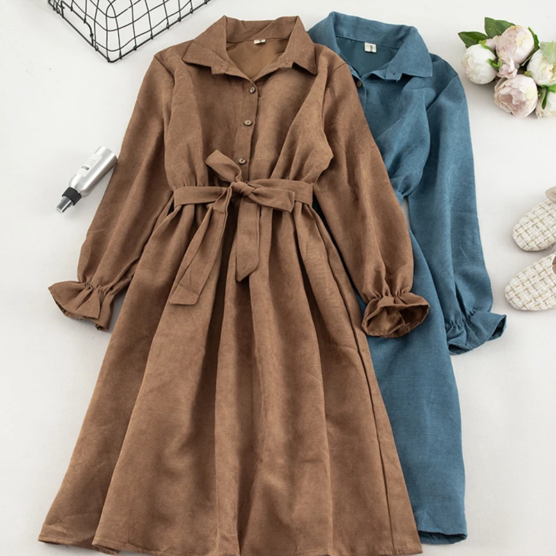 Винтажное однобортное женское платье 2019 элегантное с отворотом длинным рукавом