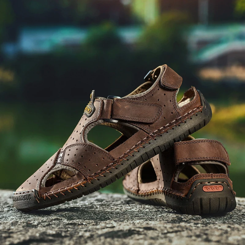 Новые роскошные модные летние сандалии пляжные мужские кожаные шлепанцы дышащие