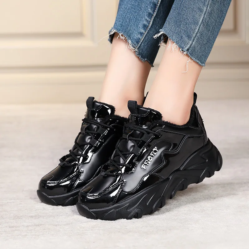 New Women's Cotton Shoes Bright Leather Surface Increased Sports Casual Daddy Shoes