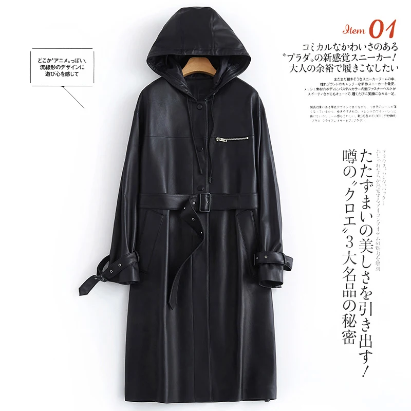 Lautaro Autumn Black Long Leather Trench Coat for Women with Hood Long Sleeve Belt Spring Waterproof Pu Leather Raincoat 2021