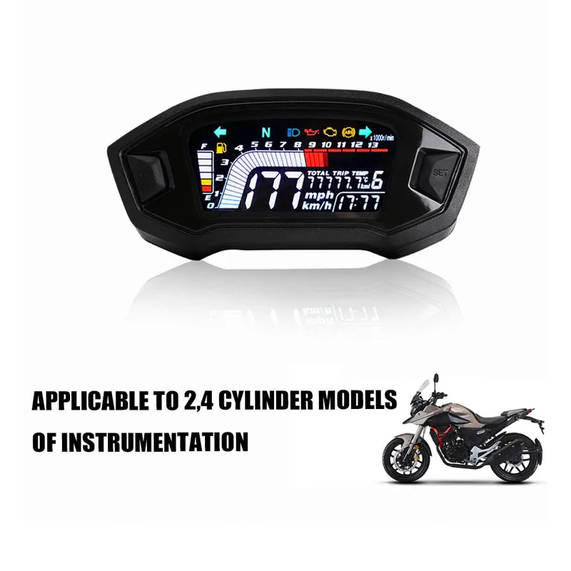 

LCD Digital Universal Motorcycle Speedometer Tachometer 0-13000RPM Fuel Level Odometer Gauge for 2 4 Cylinder Types 12V