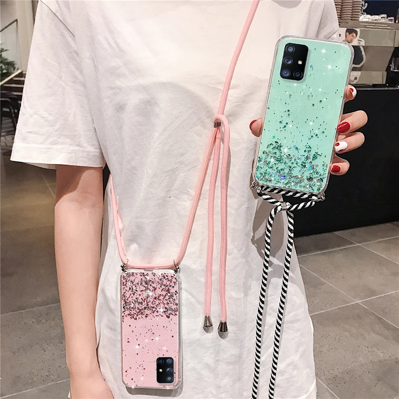 

Lanyard Glitter Soft Silicone Clear Case For Samsung Galaxy A52 A12 A32 A72 A42 5G S21 Plus S20 FE Ultra A51 A71 A31 M51 M52