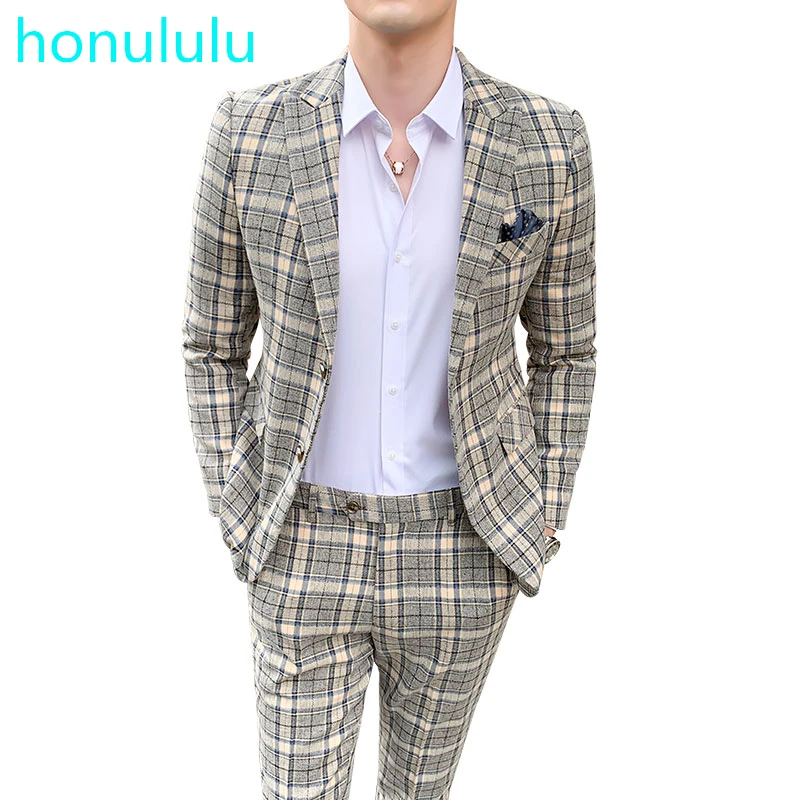 

Large British light color Plaid suit men's slim trend wedding dress studio dress evening small suit two piece set