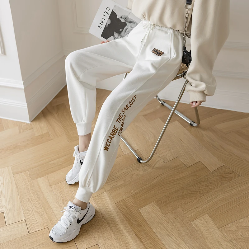 Women Harem Pants Letter Embroidery  Spring Fashion Loose White Sweatpants Harajuku Girls Elastic Waist Ankle length Sportswear