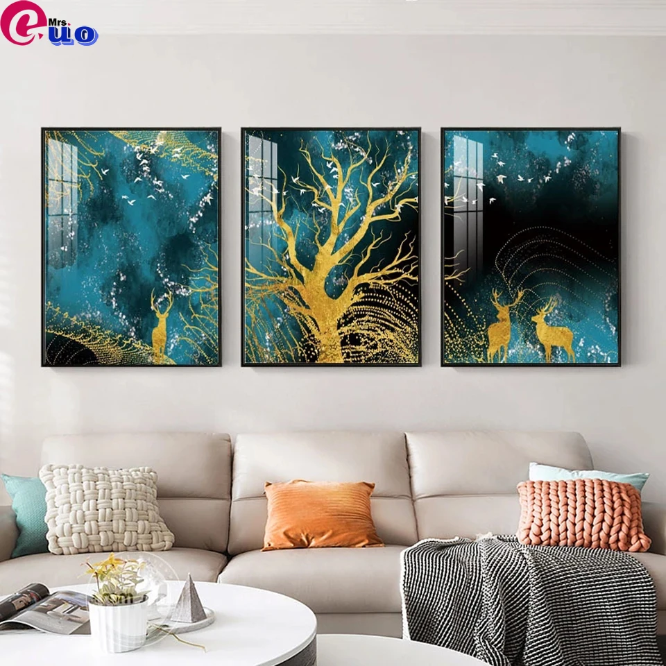 

Abstract Elk 5D DIY Diamond Painting 3 pieces Blue Golden Tree Full Square Embroidery Mosaic Cross Stitch Home Decor Triptych