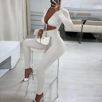 hollow out jumpsuit drawstring tight women bodycon ruched bust jumpsuit casual solid skinny plunge cropped jumpsuit long sleeve