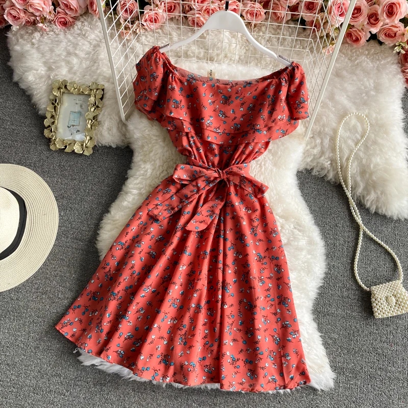 

2021 Summer New Style Ruffled Neckline Strapless Floral Vestidos Women's Waist Lace Sweet Big Swing Dress C883