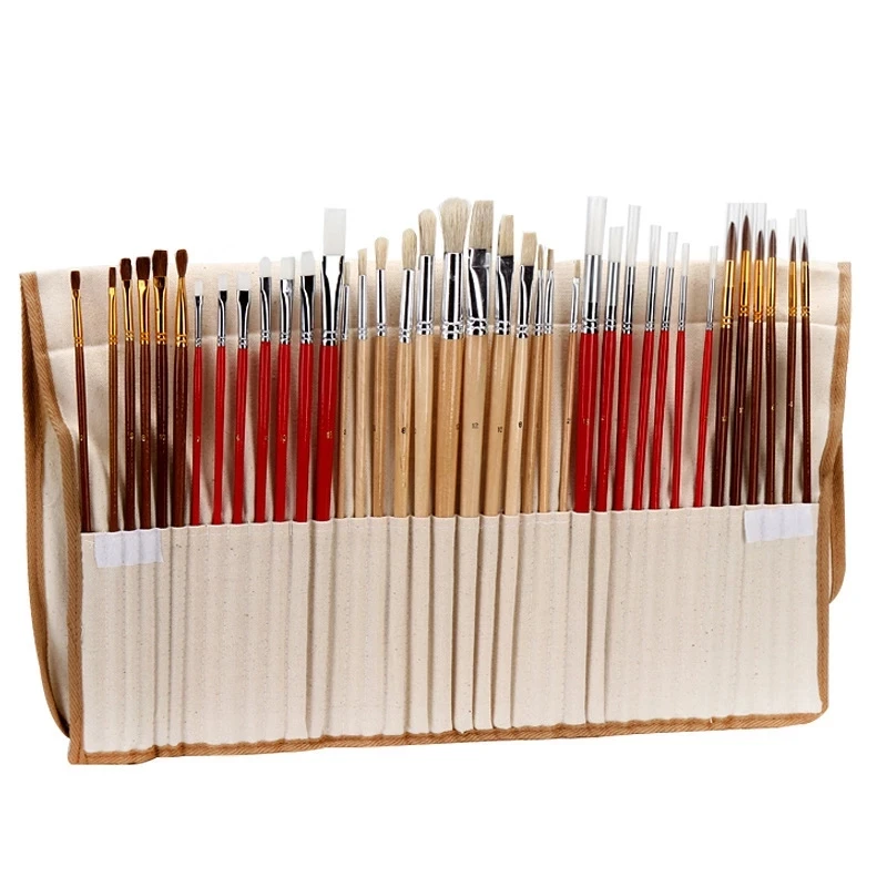 

38Pcs/Set Paint Brushes with Canvas Bag Case Long Wooden Handle Synthetic Hair Art Supplies for Oil Acrylic Watercolor Painting