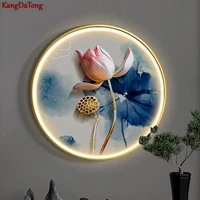 new chinese style entry porch led wall lamp round living room bedroom hallway lotus painting zen tea room wall hanging lamp